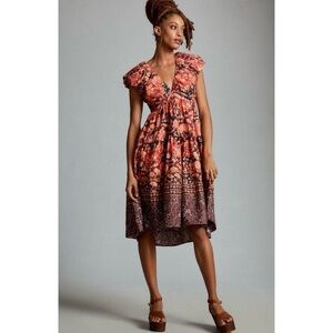 Anthropologie Rust Floral Midi Dress with Brown Border